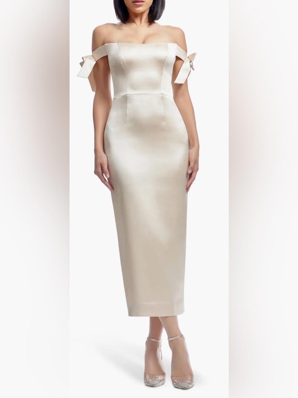 NEW Dress the Population Verona Off the Shoulder Satin Midi champagne Dress sz S